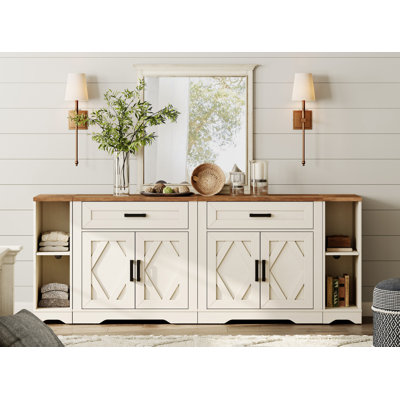 Meuble télé 82,7 po Laziza pour téléviseurs de 95 po ou moins, centre de divertissement de ferme avec armoire de rangement pour porte de grange, console de télévision avec meuble multimédia et tiroirs pour le salon, la chambre à coucher, la crème