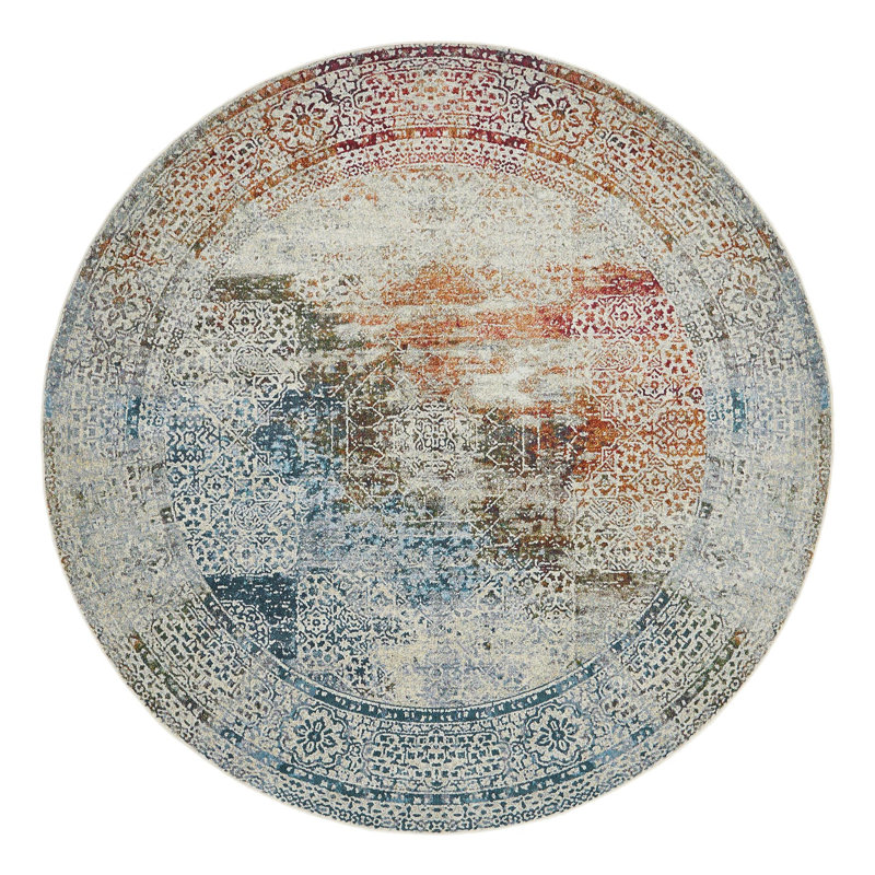 Tapis ivoire / bleu / rouge à motif abstrait Folmar, Rond 5 pi 5 po