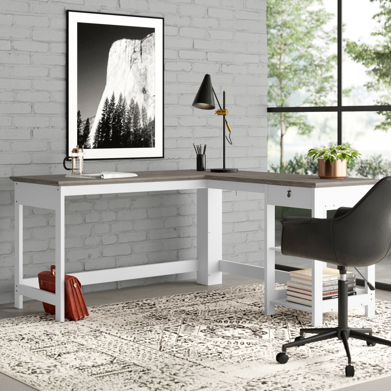 Finley White and Gray Oak L-Shaped Writing Desk with Drawer