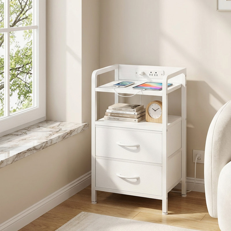 Table de bout de patio moderne en fer avec 2 tiroirs en tissu et 3 tablettes pour petit appartement, White