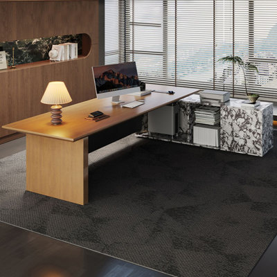 Bureau de direction en L en bois massif avec tiroirs Nut-Brown