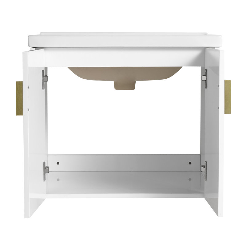 Meuble-lavabo mural 24 po avec armoire - blanc brillant, 2 portes de rangement pour les petites salles de bain en céramique 24 po. Salle de bain blanc brillant. Contreplaqué. 2 poignées en métal doré et noir. Jolis meubles.