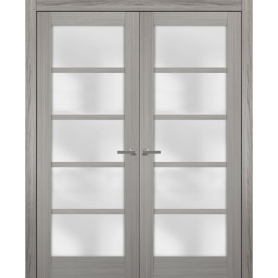 Portes doubles françaises massives en verre dépoli Quadro 4002, cadre en bois de frêne au gingembre massif, moulures, portes robustes pour placard ou chambre à coucher, 84 po x 80 po (2 x 42 x 80 po)