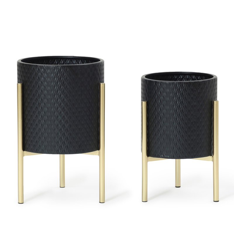 Kasandra 2-Piece Handmade Metal Pot Planter with Gold Stand Set, Black