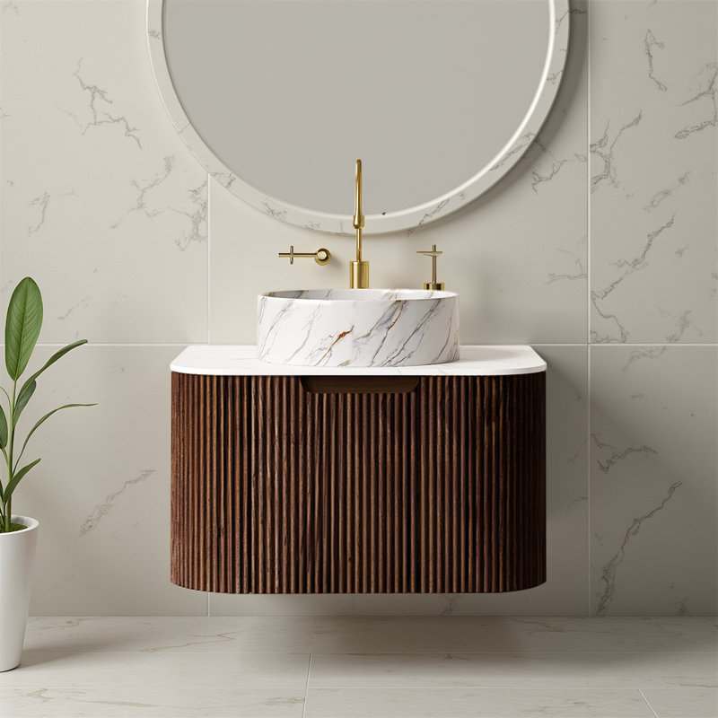 Floating Bathroom Vanity - White Ceramic Bowl Sink & Stone Countertop (Pre-Assembled, No Faucet), Brown, 24"