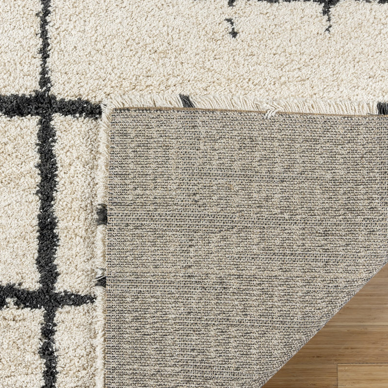  Ultimate Shag Modern Abstract Lines Ivory Black Polypropylene Thick Plush Shag Area Rug, Rectangle 7'10" x 10'