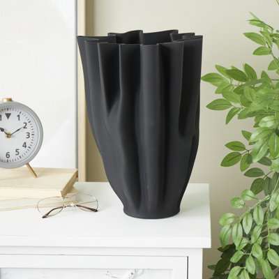 Black Ceramic Abstract Dimensional Ribbed Tulip Decorative Vase with Angular Rim, 10" x 10" x 15"