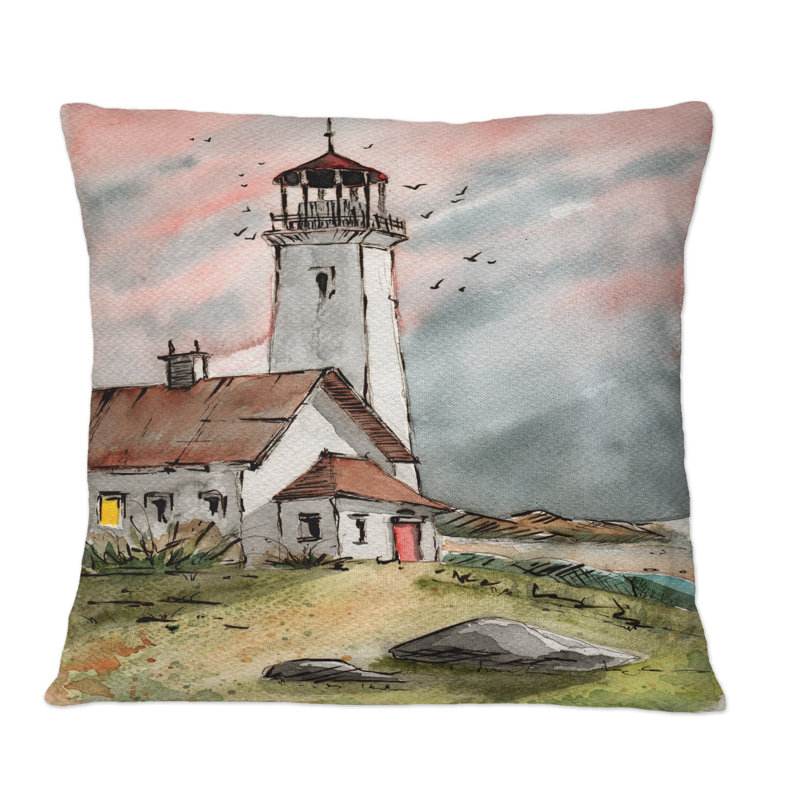 Coussin décoratif à imprimé campagnard L Phare sous un ciel gris rose, 18 po x 18 po
