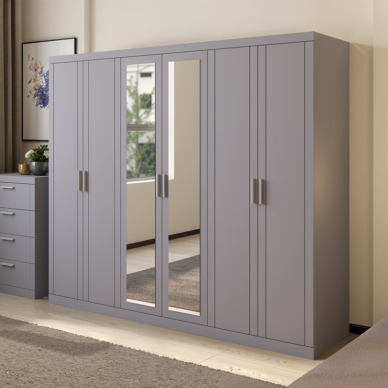 6 Door Wardrobe With Mirror, Cool Grey