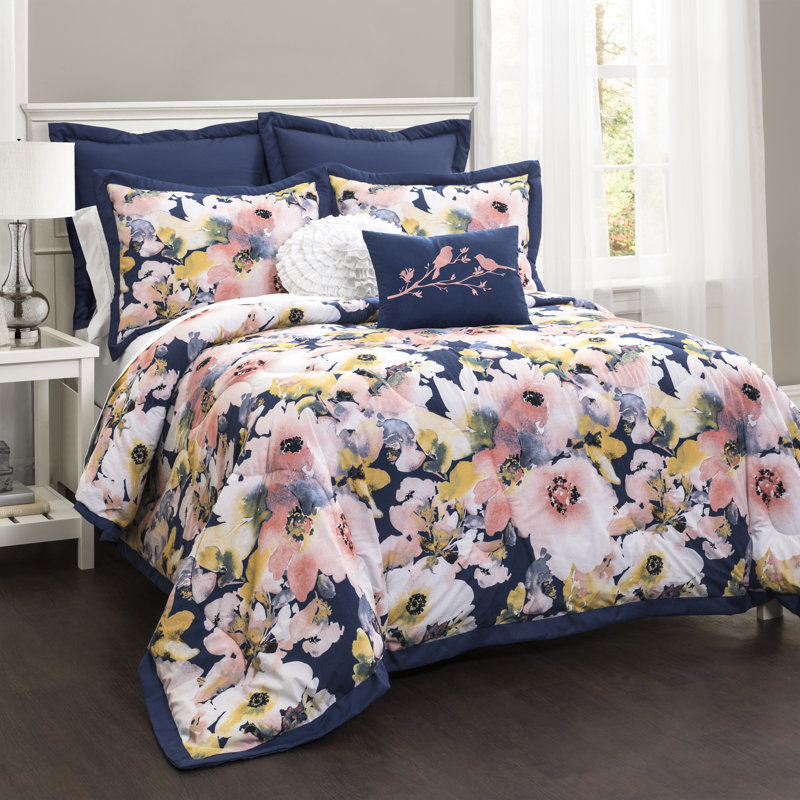 Floral Watercolor Blue Microfiber 7 Piece Comforter Set, King Comforter + 4 Shams + 2 Throw Pillows