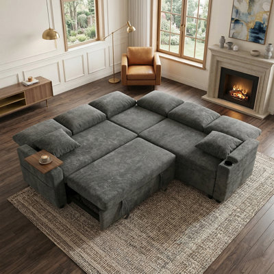 Symmetrical Upholstered Corner Sectional With Arm Table And Pull-Out Bed