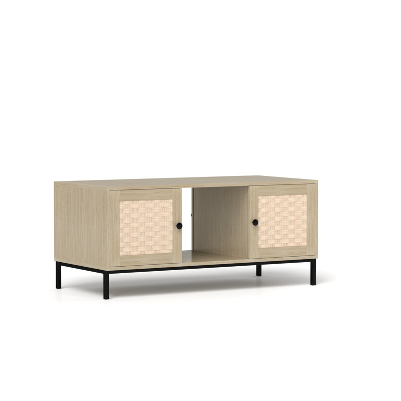 Cirilla Natural Wood Woven Sliding Door Sideboard  Single Layer Veneer Cabinet With Open Shelves (Set Of 2)