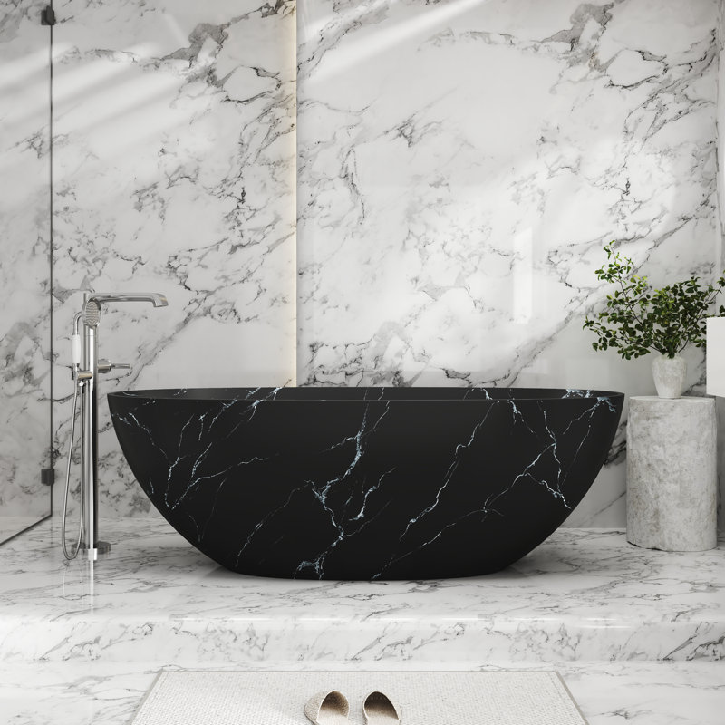CASAINC 65" Solid Surface Freestanding Soaking Bathtub With Pattern, Matte Black