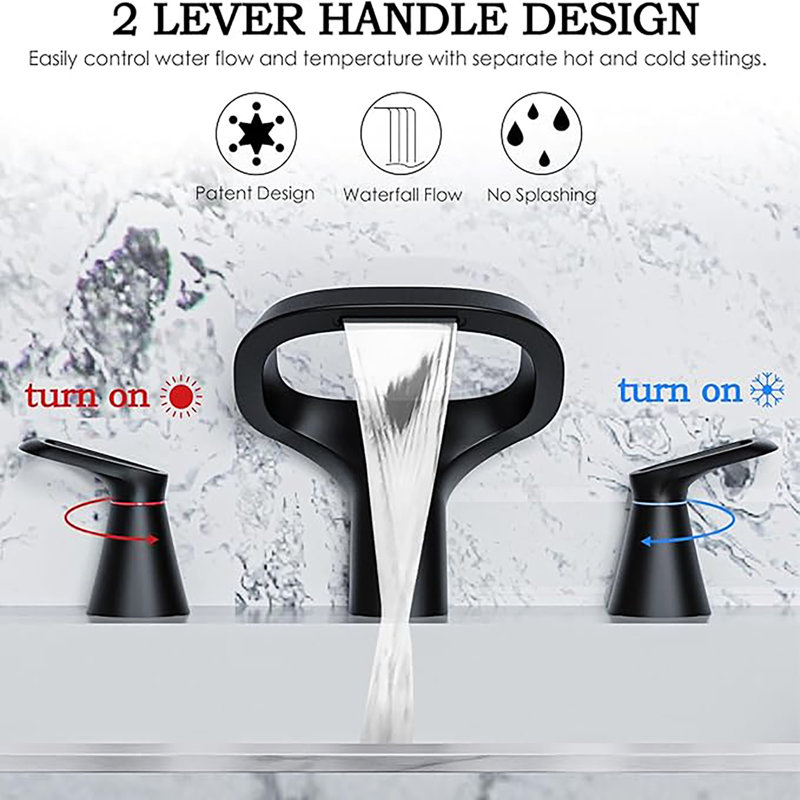 Solid Brass 8” Widespread Waterfall Bathroom Faucet, 3-Hole, Adjustable Spout, 2 Handles