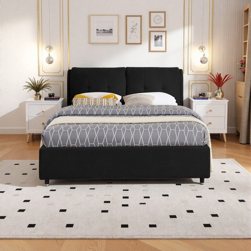 Grand lit avec rangement et tête de lit tapissier, lit plateforme en chenille, Noir, noir, noir, noir, Grand lit