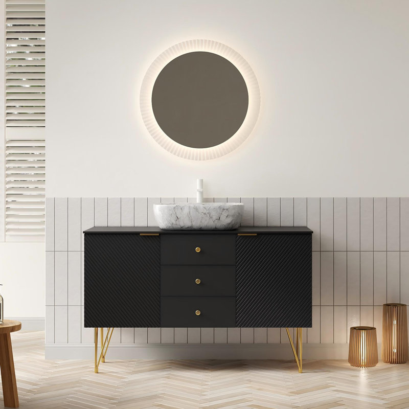 Meuble-lavabo autoportant noir moderne de 48 po avec pieds dorés, comptoir en pierre et vasque en marbre
