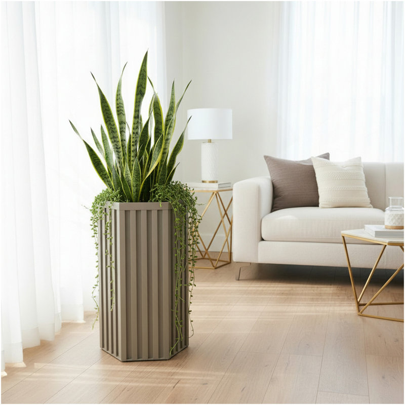Hexagon Column Planter MD - Grey Brown, Brown Gray, 22.25" H x 11.75" W x 13.5" D