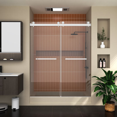 56" - 60" W x 74'' H Double Sliding Frameless Shower Door, 1/4" Clear Tempered Glass with Quiet Rollers, SGCC Certified