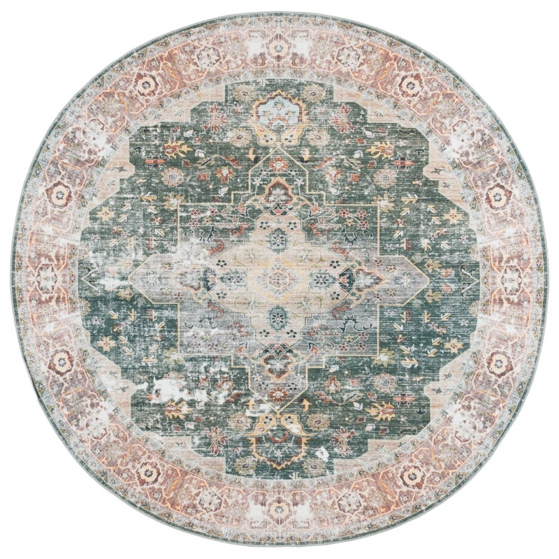 Maglio Oriental Machine Woven Polyester Area Rug in Green/Brown, Round 6'