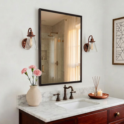 Modern Rectangular Bathroom Vanity Mirror with Beveled Edges | Stainless Steel Frame