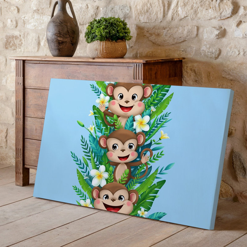 Toile, une illustration fantaisiste mettant en vedette trois singes de dessin animé ludiques, chacun présentant une art mural