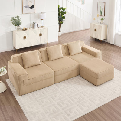 Canapé modulaire modulaire 3 places en forme de L sans os, canapé modulaire Cloud avec assise profonde, canapé modulaire moderne 3 places avec coussins décoratifs et 1 repose-pieds mobile, tissu velours côtelé