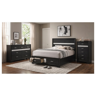 Ensemble de chambre à coucher Isadora noir 3 pièces comprenant un lit de rangement, une commode et un coffre.