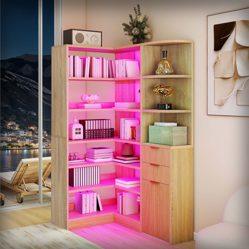  L-Shaped Corner Bookshelf With LED Lights & Drawers