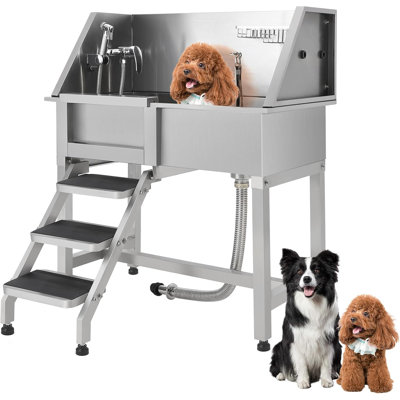 Station de bain pour chien avec escalier, baignoire de toilettage professionnelle, baignoire pour chien en acier inoxydable pour grands, moyens et petits animaux, lavabo à hauteur réglable pour la maison avec boîte à savon, robinet, accessoire riche