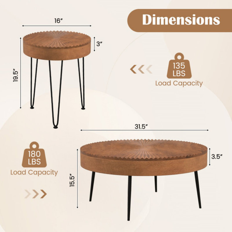 Ensemble de 2 tables basses rondes Boho avec plateau en bois de pin massif et pieds en métal