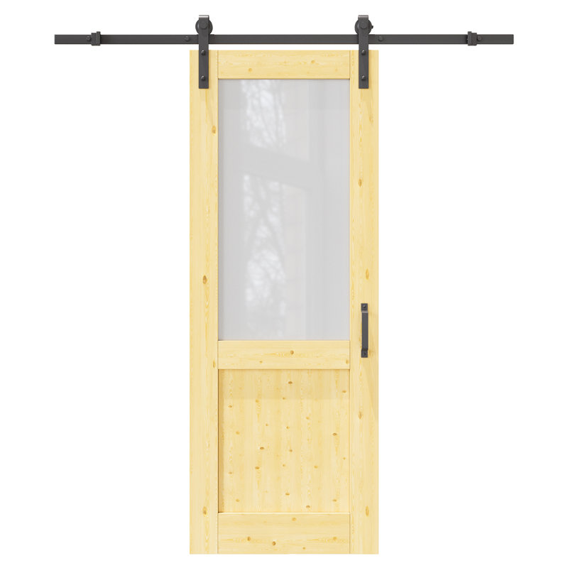 Solid Pine And Frosted Glass Sliding Barn Door With Installation Hardware Kit(No Assembly Required), 28" x 80"