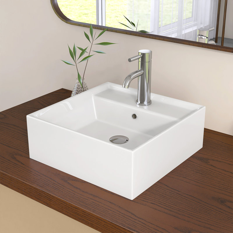 15,75 po X 15,75 po Petit évier rectangulaire en céramique à fixation murale avec trou pour robinet central en blanc