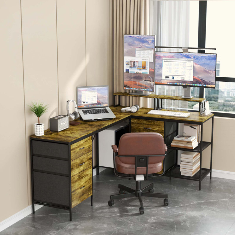 Bureau 114 po en forme de L avec Power Hub, bureau de jeu industriel - 6 tiroirs, support pour écran amovible, bureau rustique brun