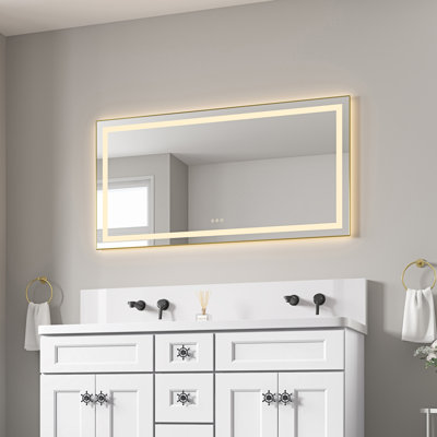 Miroir de salle de bain 55 po x 28 po avec brouillard, 3 températures de couleur, fixation murale, gradation continue, cadre en aluminium, meuble-lavabo à finition or brossé