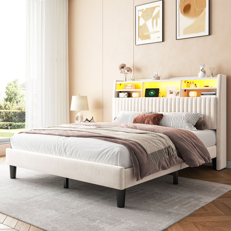 Lit plateforme tapissier avec tête de lit, lumières à DEL et station de charge, Beige, Grand lit