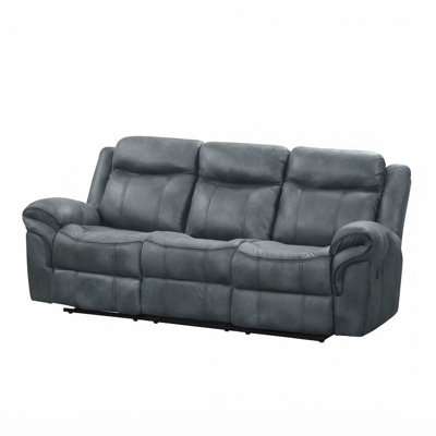 Enclave Gray Faux Leather Manual Reclining Sofa with Drop-Down Table and Cup Holders