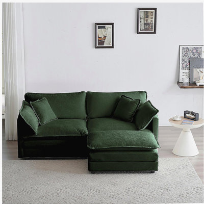 Canapé à deux places avec repose-pieds Chenille, canapé modulaire en L avec repose-pieds 2 places, causeuse avec repose-pieds pour petit espace de vie, chenille verte
