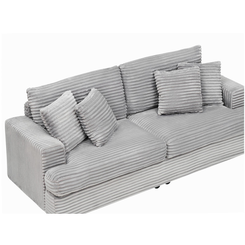 Canapé en velours côtelé de 79,3 pouces de long avec 4 coussins décoratifs épurés et confortables pour un salon moderne, gris