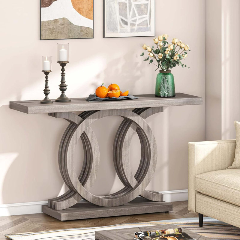 Console rustique de 55 po avec base géométrique en bois, canapé d'entrée rustique