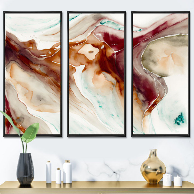 «Earth Mystery In Terra Rosa», ensemble d'art mural abstrait à l'encre liquide, Toile avec cadre flottant noir