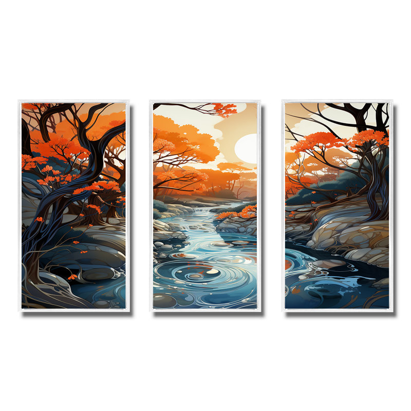 Art mural orange et bleu, rivière sereine, voyage II, Cadre flottant blanc, H 28 po x l 36 po x P 1 po