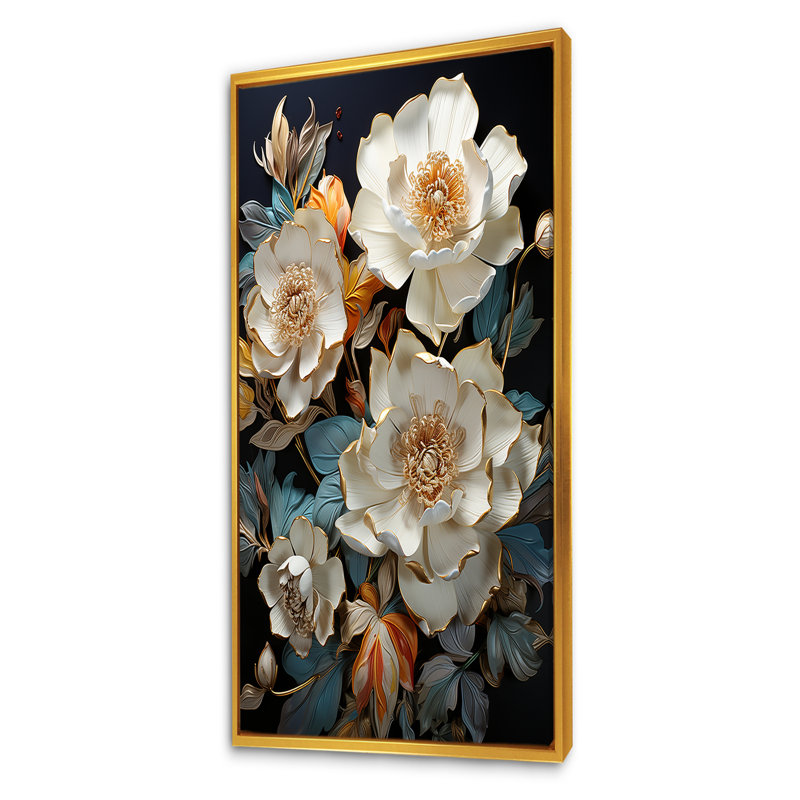 Bronze fleuri coquelicots en éclat - art mural coquelicots, Cadre flottant doré, H 60 po x l 28 po x P 1,5 po