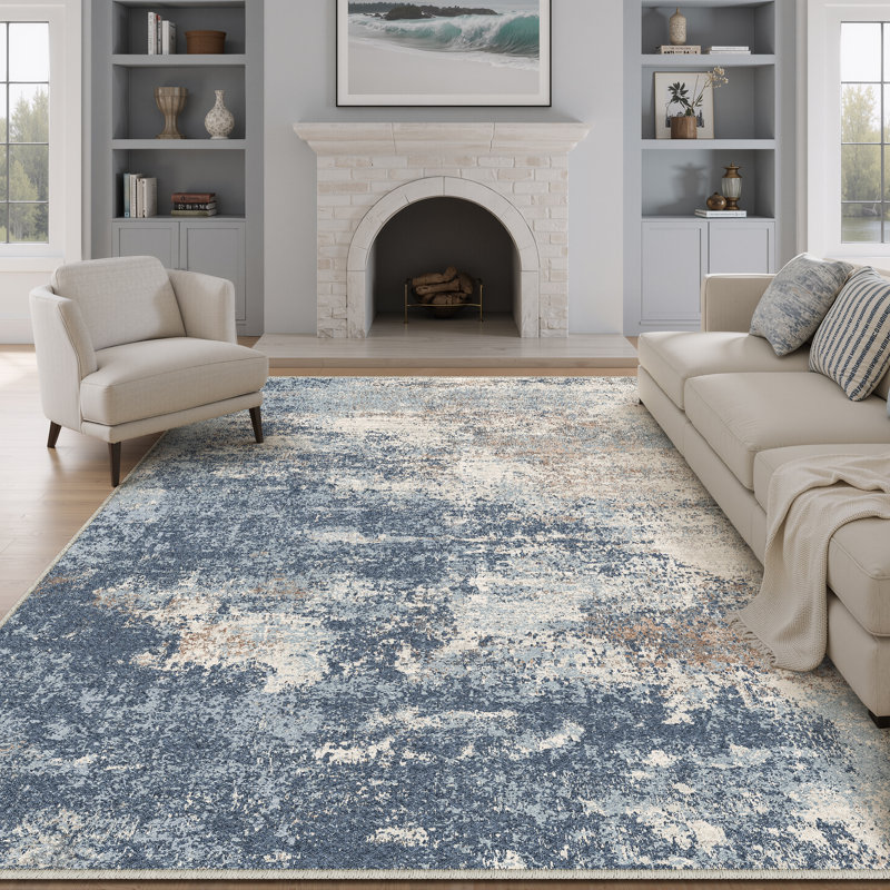 Tapis d'intérieur moderne et abstrait bleu / blanc, Rectangle 8 pi 6 po x 11 pi 6 po