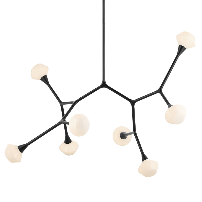 Convertible Modern Adjustable Chandelier with Opal Glass, Satin Black, 8, 31.25" H x 26.5" W x 52.5" D