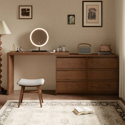 Ensemble coiffeuse réglable en bois massif avec tabouret rembourré et miroir sur pied