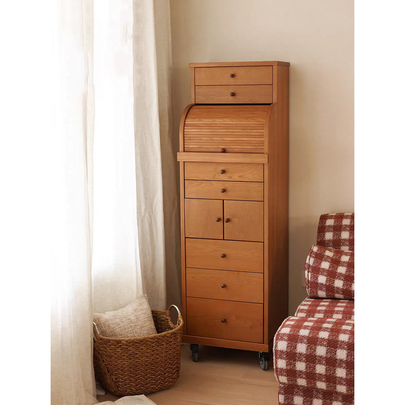 Medieval‑style Cherry Wood Multi‑layer Jewelry Cabinet with Wheels for Bedroom