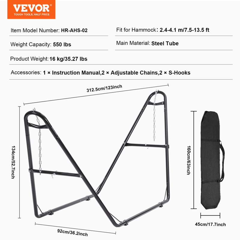 Steel Standard Hammock Stand, 134cm H x 312.5cm W x 92cm D