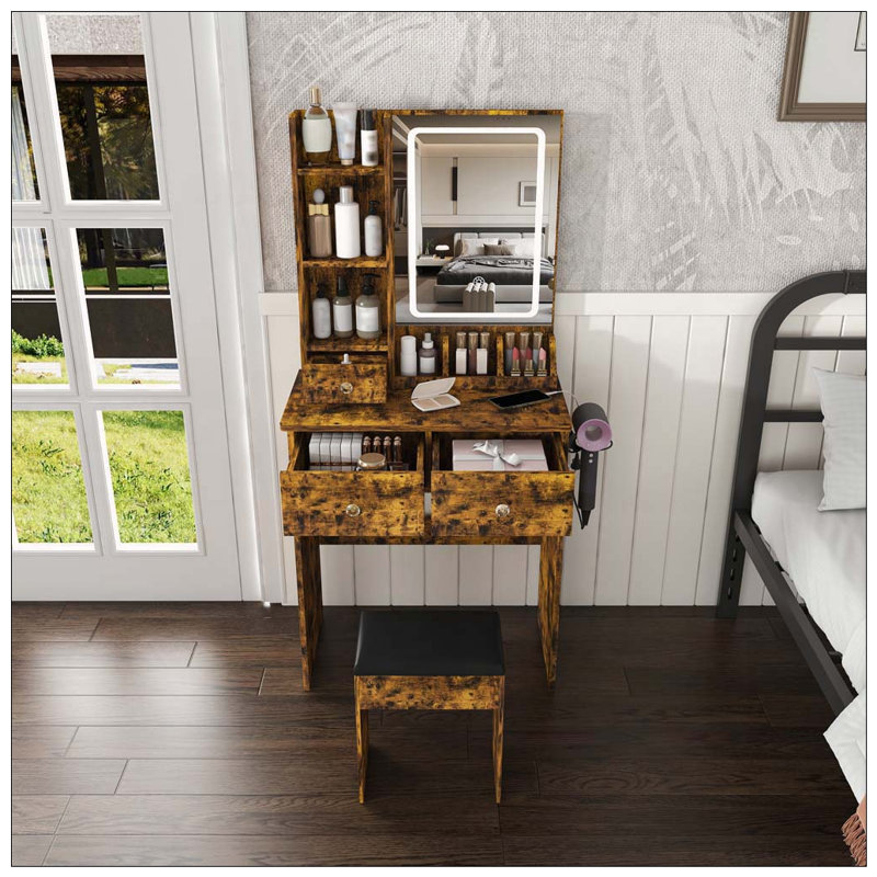 Petit meuble-lavabo moderne avec éclairage DEL, prise de courant et rangement, Antique brown