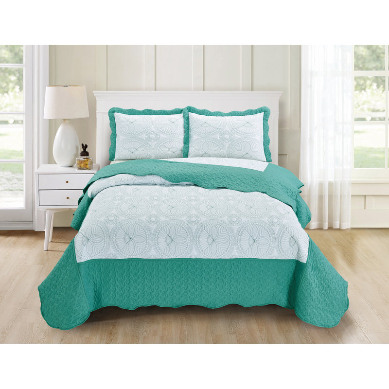 Ensemble de courtepointe réversible en microfibre Margene, Courtepointe simple + 1 taie décorative standard, Vert / blanc