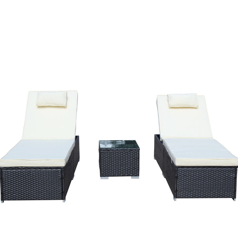 Outdoor Patio Chaise : 3 With Chair, Cushioned Couch, Glass Table. Adjustable Back And Footrest. Ideal For Garden Pool Use. Beige. Weather . Assembly Needed Lounge Suitable Garden.